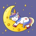 Cute cartoon unicorn sleeping on the moon